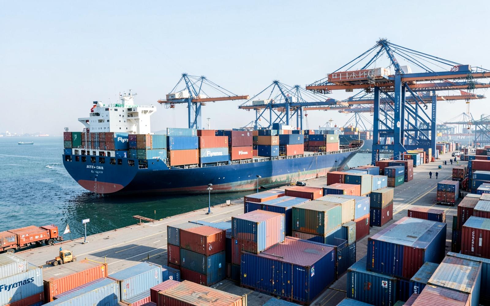 Container ship and cargo containers at an international seaport